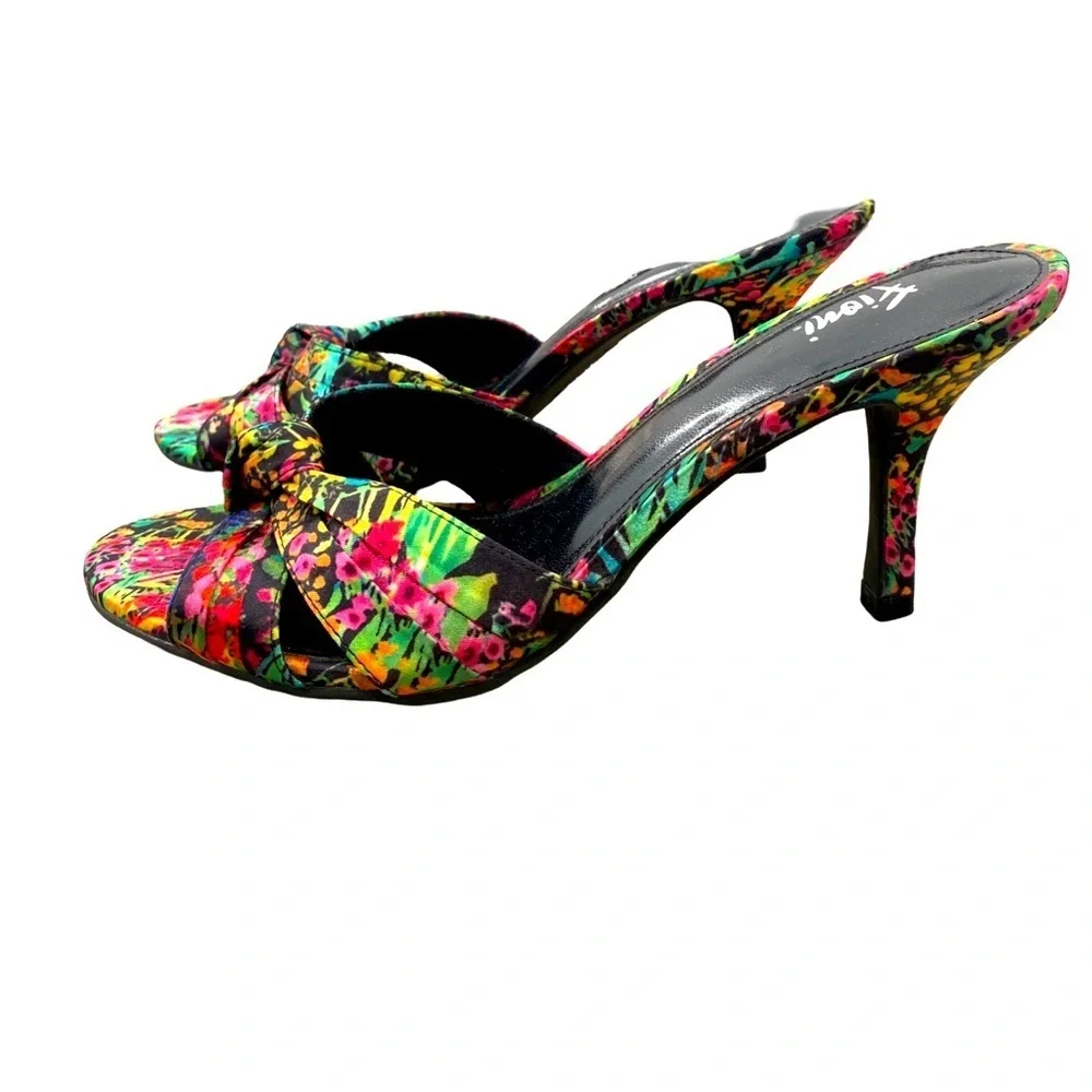 Fioni Tropical Floral Knotted Bow Open Toe Stiletto Heels Size 8 NWOT